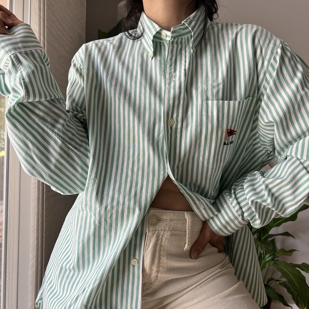 Polo Ralph Lauren Yacht Club Striped Oxford Shirt Green White Mens Large Preppy